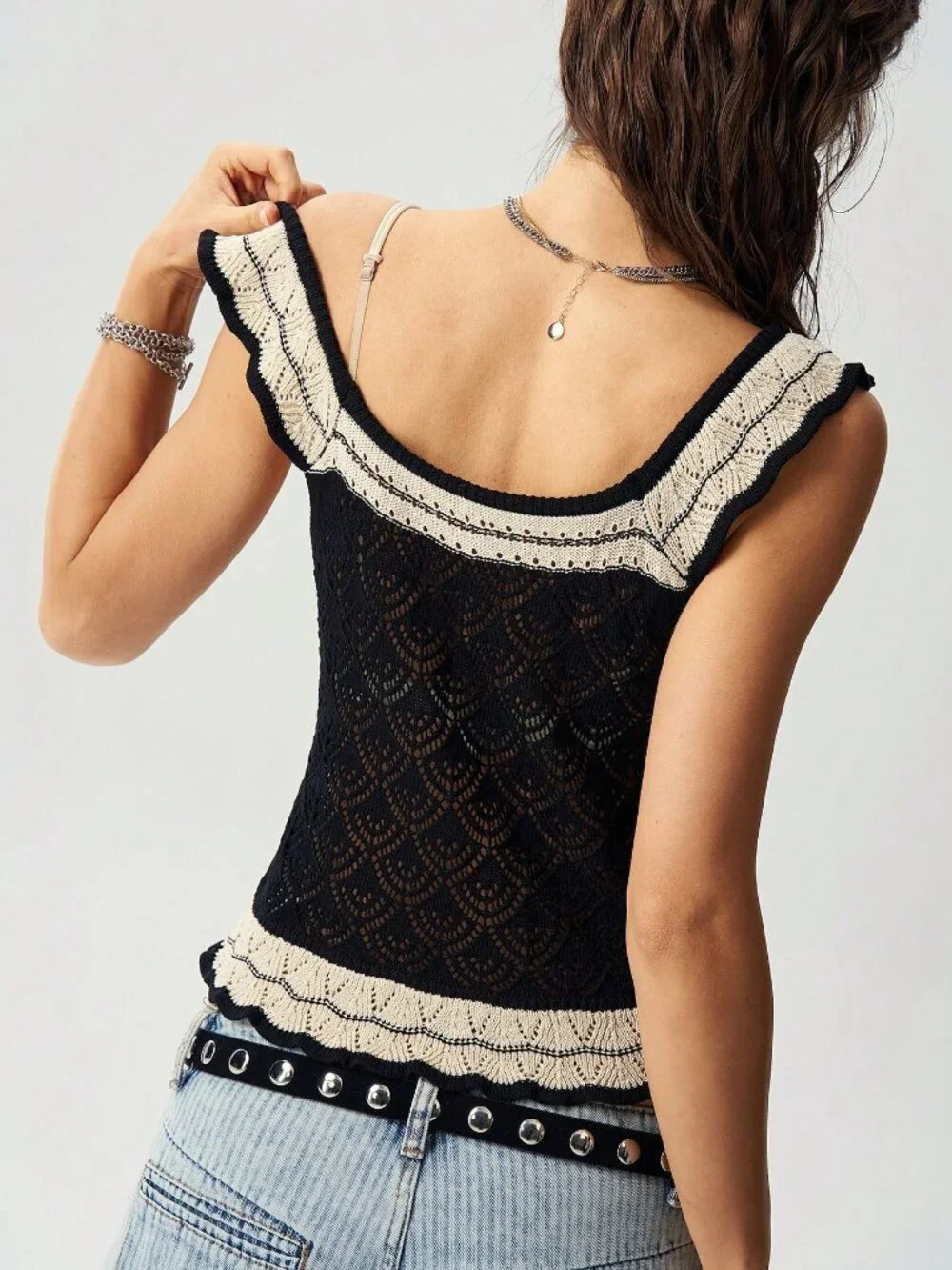 Black Casual Women's Colorblock Patchwork Ruffle Sleeveless Knit Top